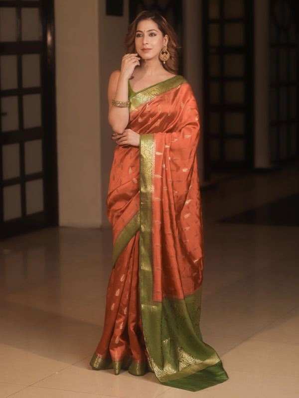 Banarasee Handwoven Pure Silk Saree With Zari Buta & Contrast Border-Rust & Green