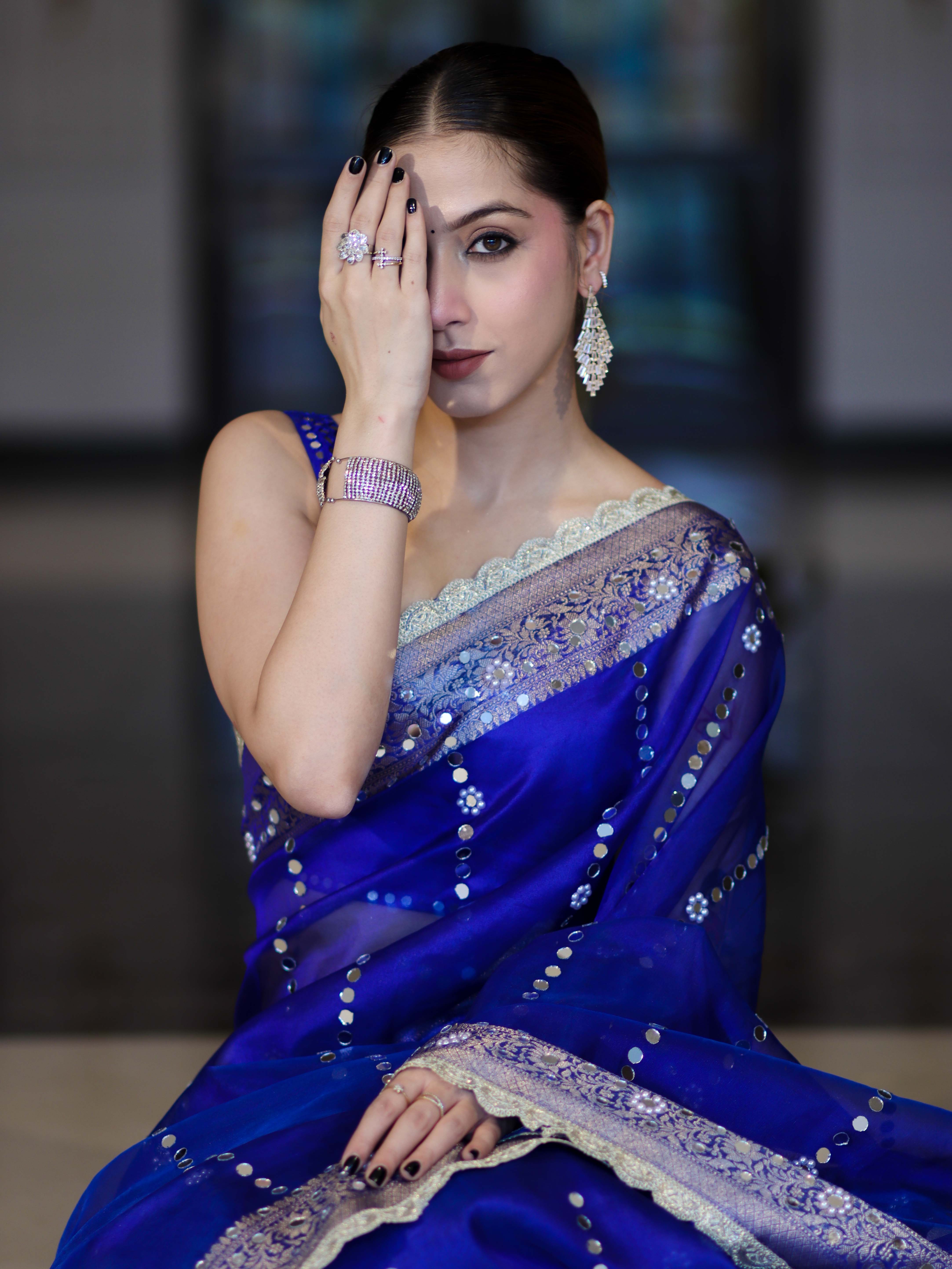 Banarasee Handloom Tissue Saree With Hand Embroidered Mirror Work Pearl Motifs & Zari Woven Pallu-Royal Blue