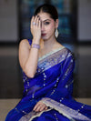 Banarasee Handloom Tissue Saree With Hand Embroidered Mirror Work Pearl Motifs & Zari Woven Pallu-Royal Blue