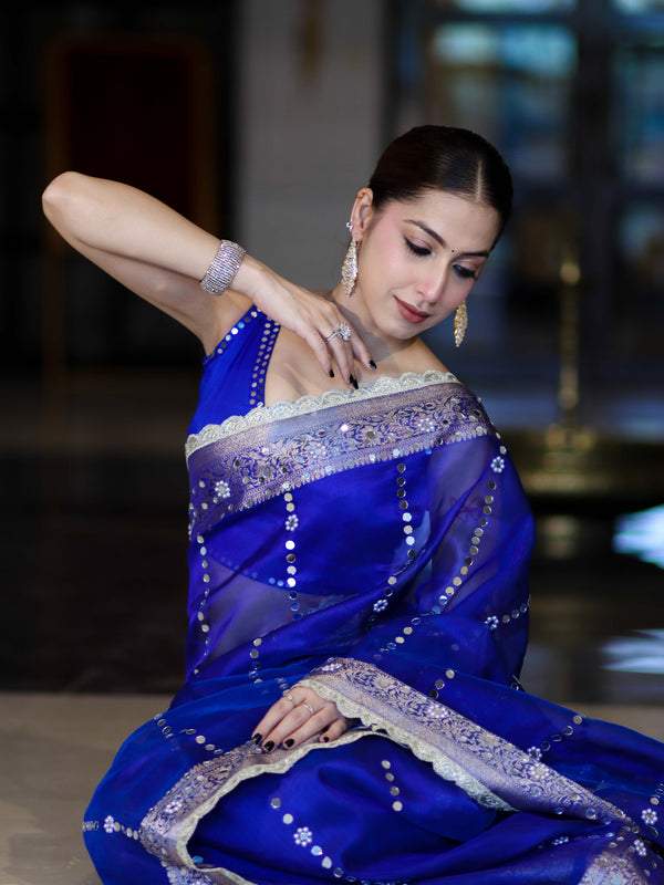 Banarasee Handloom Tissue Saree With Hand Embroidered Mirror Work Pearl Motifs & Zari Woven Pallu-Royal Blue