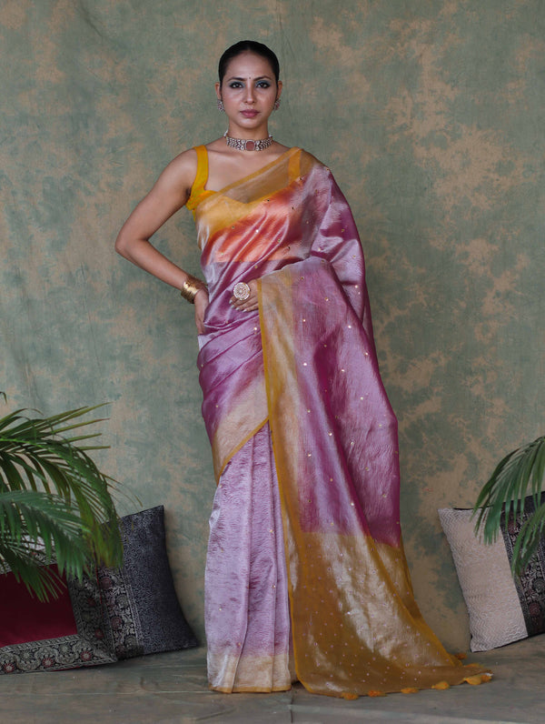 Banarasee Handwoven Crushed Tissue Saree With Mirror Work & Contrast Border-Light Pink