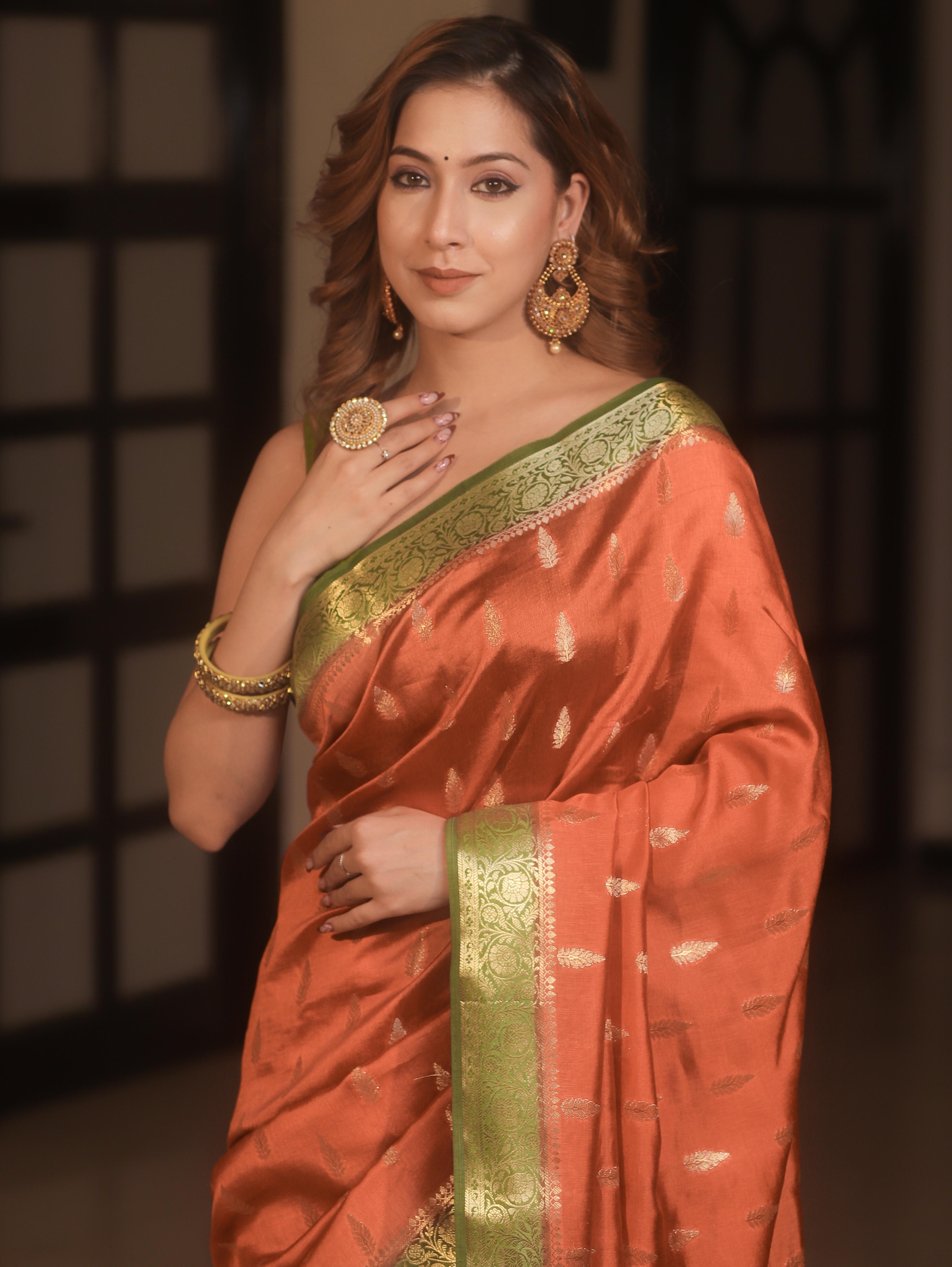 Banarasee Handwoven Pure Silk Saree With Zari Buta & Contrast Border-Rust & Green