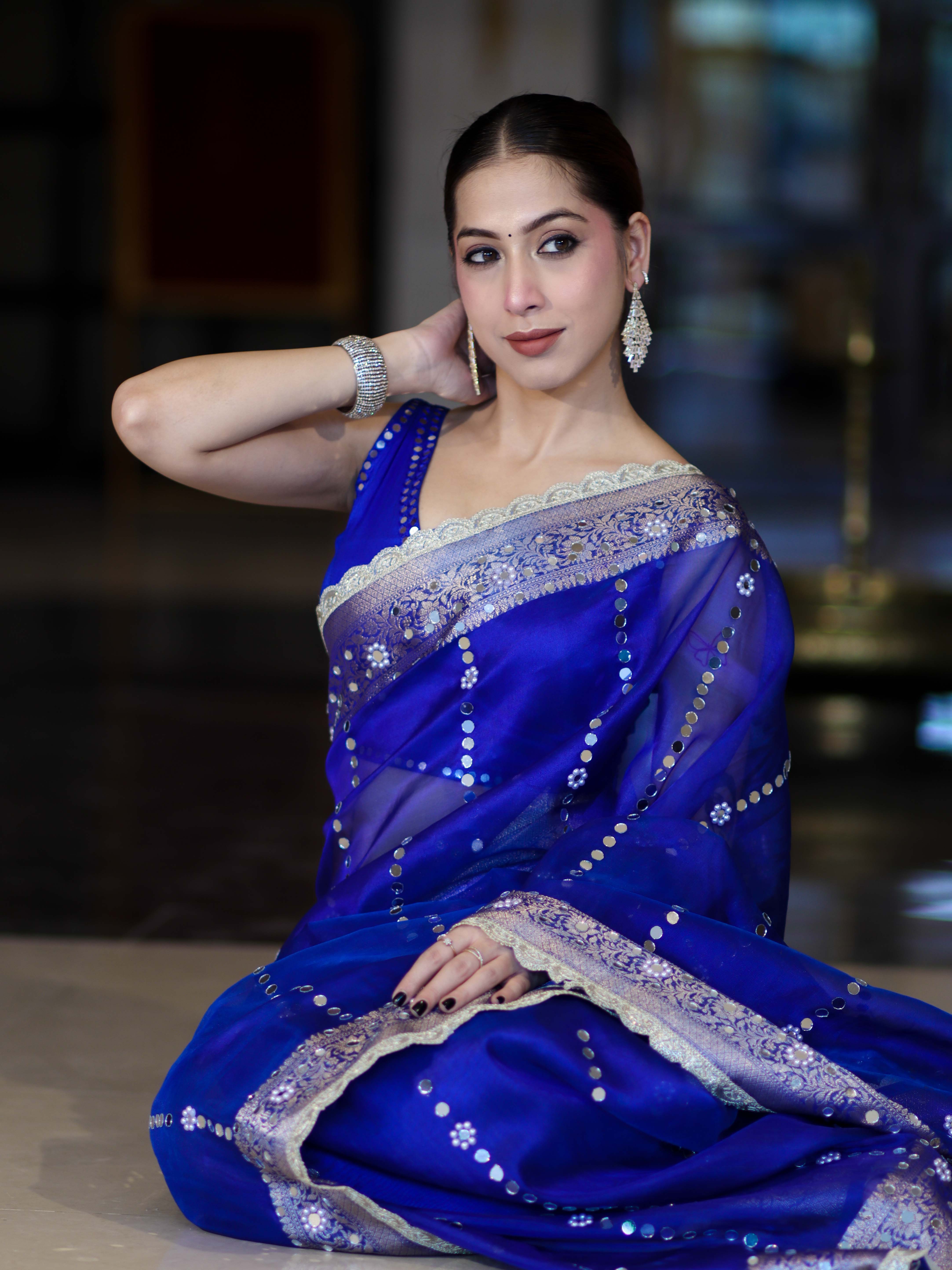 Banarasee Handloom Tissue Saree With Hand Embroidered Mirror Work Pearl Motifs & Zari Woven Pallu-Royal Blue