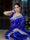 Banarasee Handloom Tissue Saree With Hand Embroidered Mirror Work Pearl Motifs & Zari Woven Pallu-Royal Blue