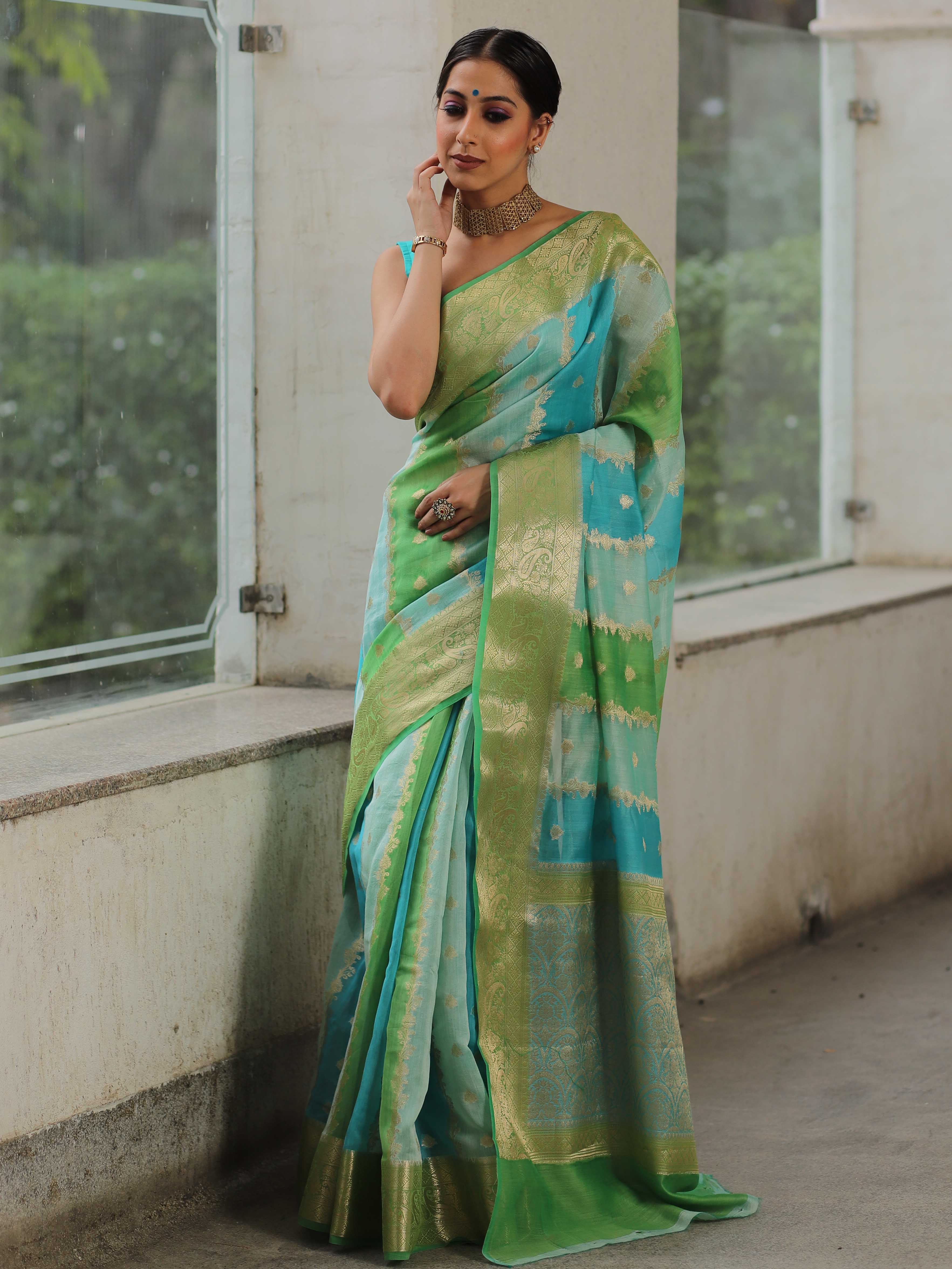 Banarasee Handwoven Pure Silk Cotton Saree With Zari Work & Rangkat Pattern-Green & Blue