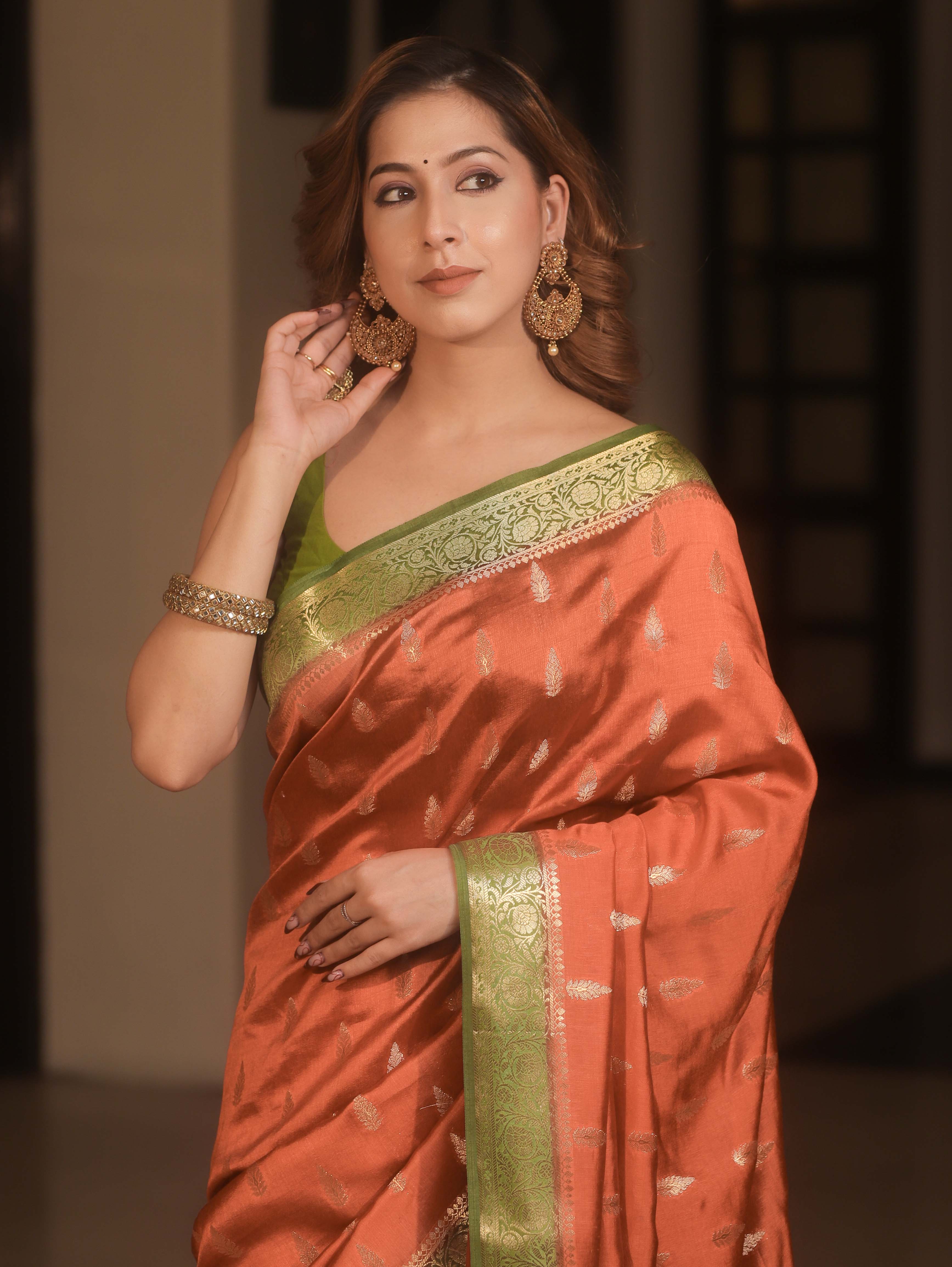 Banarasee Handwoven Pure Silk Saree With Zari Buta & Contrast Border-Rust & Green