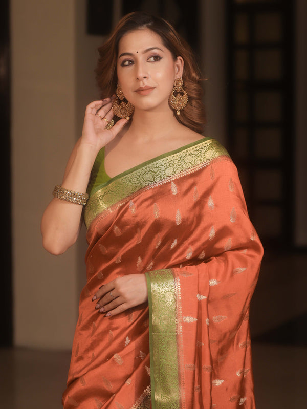 Banarasee Handwoven Pure Silk Saree With Zari Buta & Contrast Border-Rust & Green