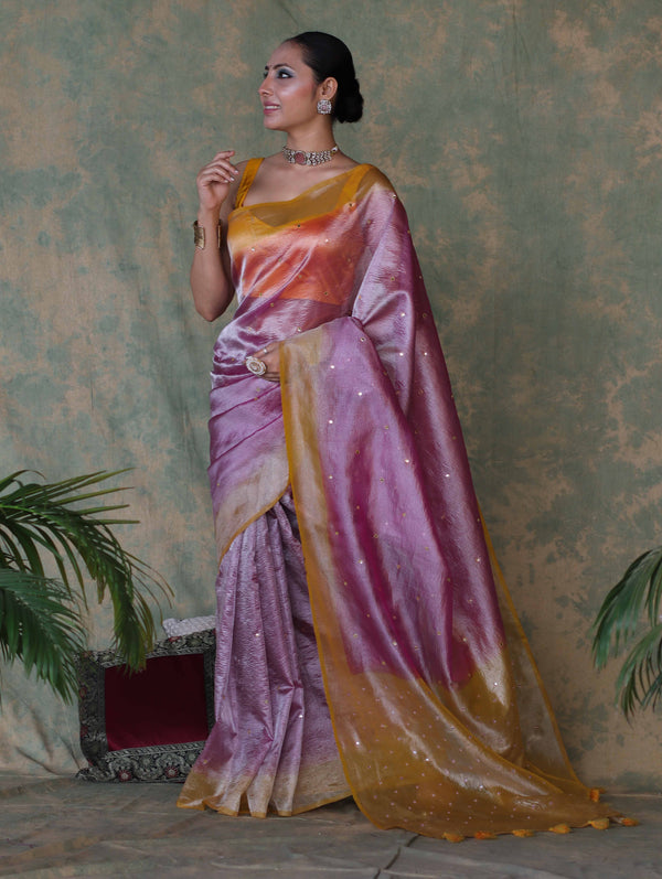 Banarasee Handwoven Crushed Tissue Saree With Mirror Work & Contrast Border-Light Pink