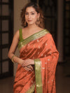 Banarasee Handwoven Pure Silk Saree With Zari Buta & Contrast Border-Rust & Green