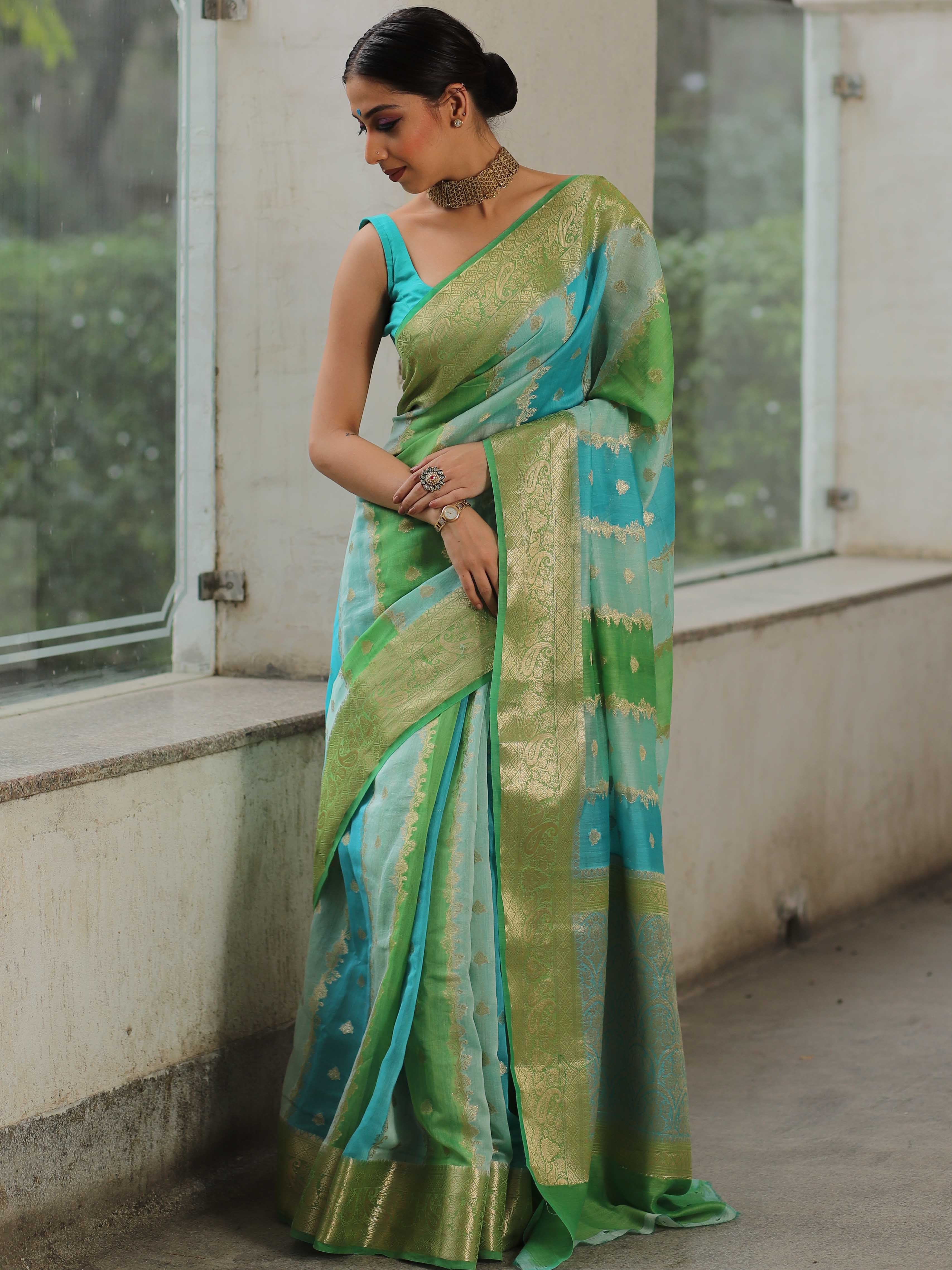 Banarasee Handwoven Pure Silk Cotton Saree With Zari Work & Rangkat Pattern-Green & Blue