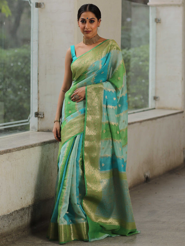 Banarasee Handwoven Pure Silk Cotton Saree With Zari Work & Rangkat Pattern-Green & Blue