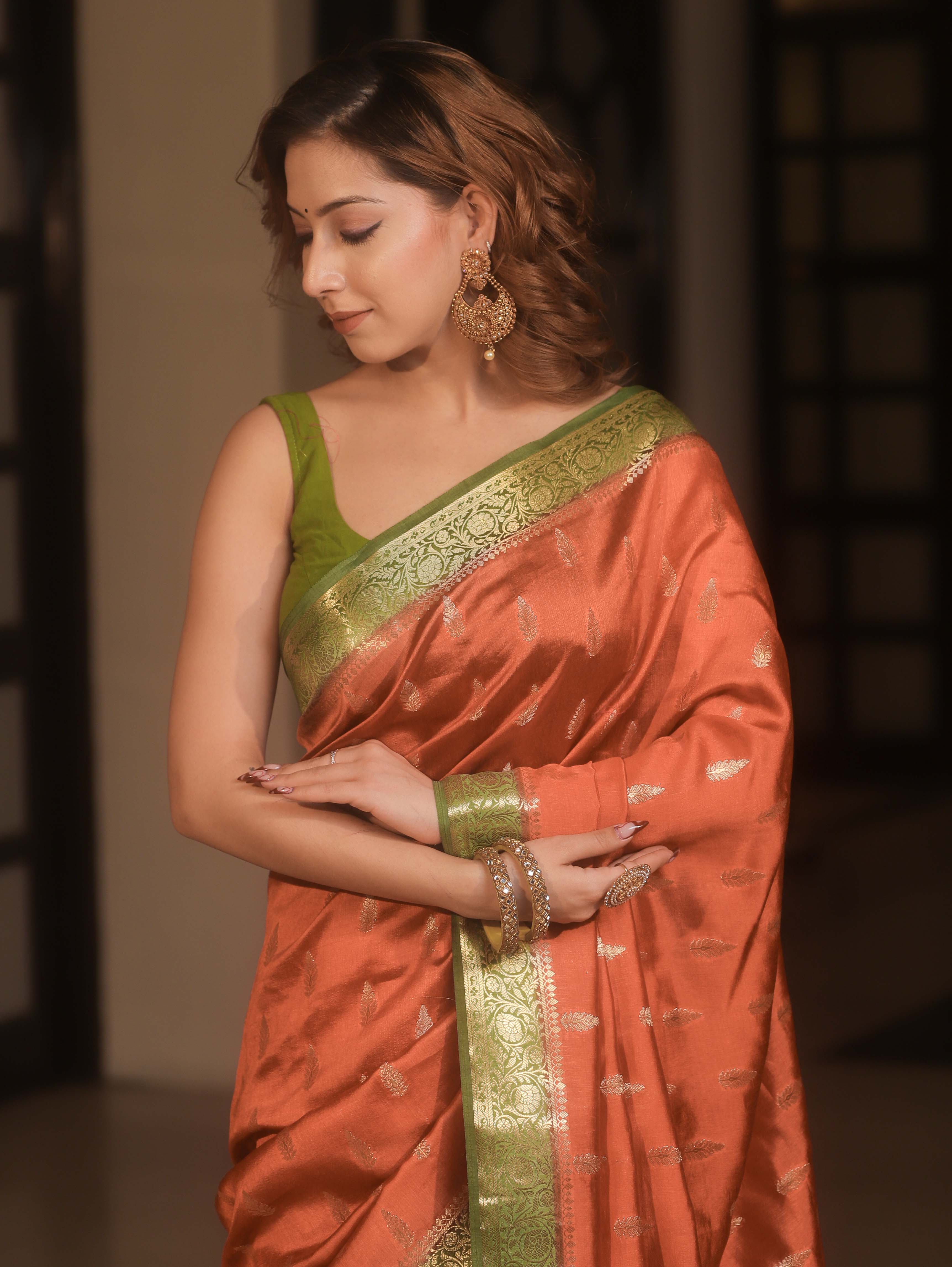 Banarasee Handwoven Pure Silk Saree With Zari Buta & Contrast Border-Rust & Green