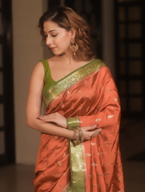 Banarasee Handwoven Pure Silk Saree With Zari Buta & Contrast Border-Rust & Green