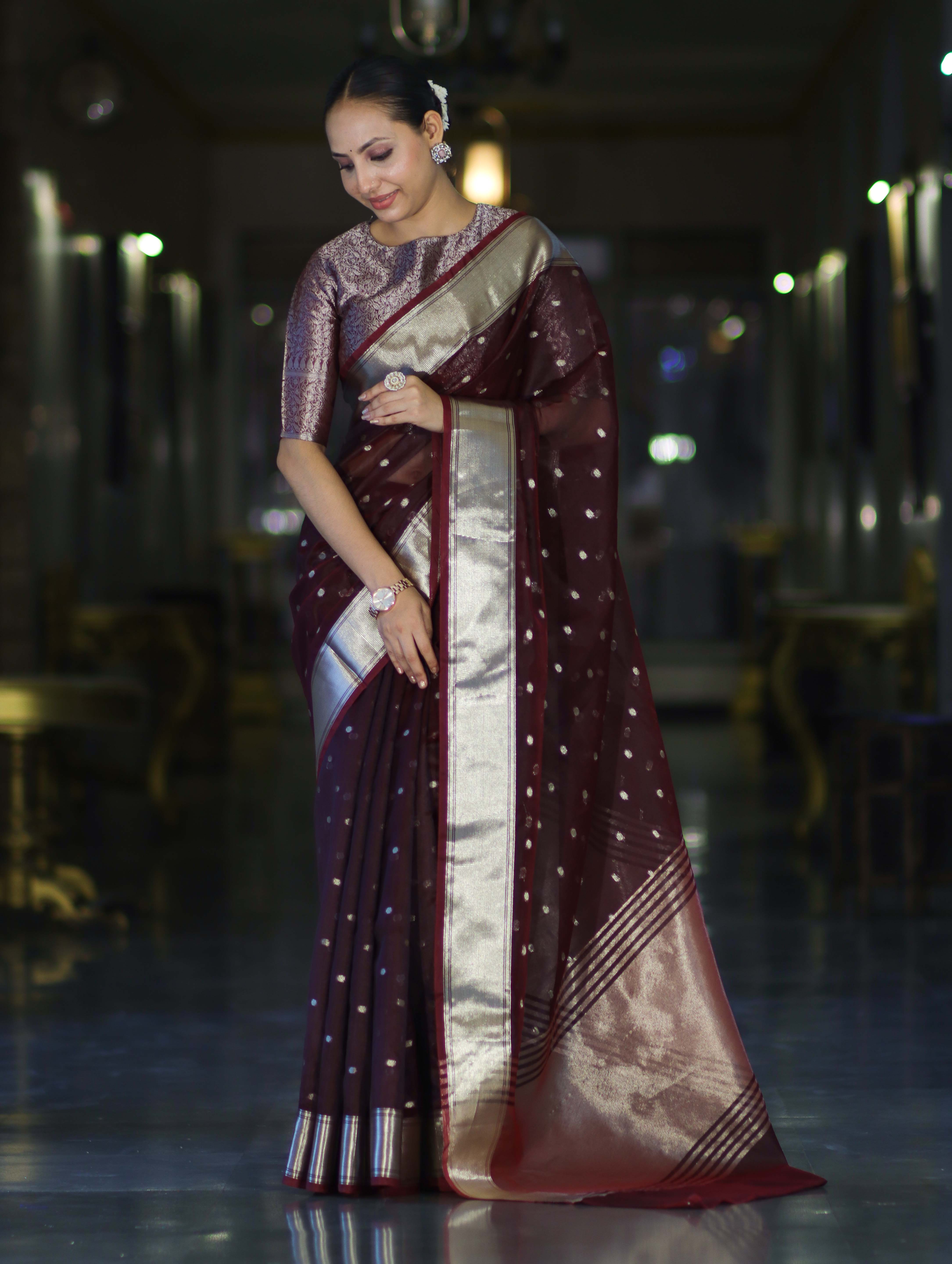 Banarasee Handloom Tissue Saree With Zari Buti Design & Border-Burgundy