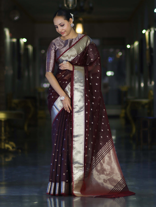 Banarasee Handloom Tissue Saree With Zari Buti Design & Border-Burgundy