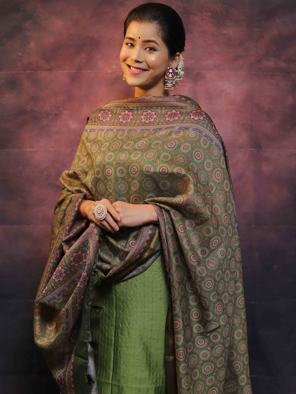 Banarasee Handloom Chanderi Silk Salwar Kameez With Zari Work & Digital Print Dupatta-Olive Green
