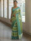 Banarasee Handwoven Semi Silk Saree With Stripes Design-Green & Blue
