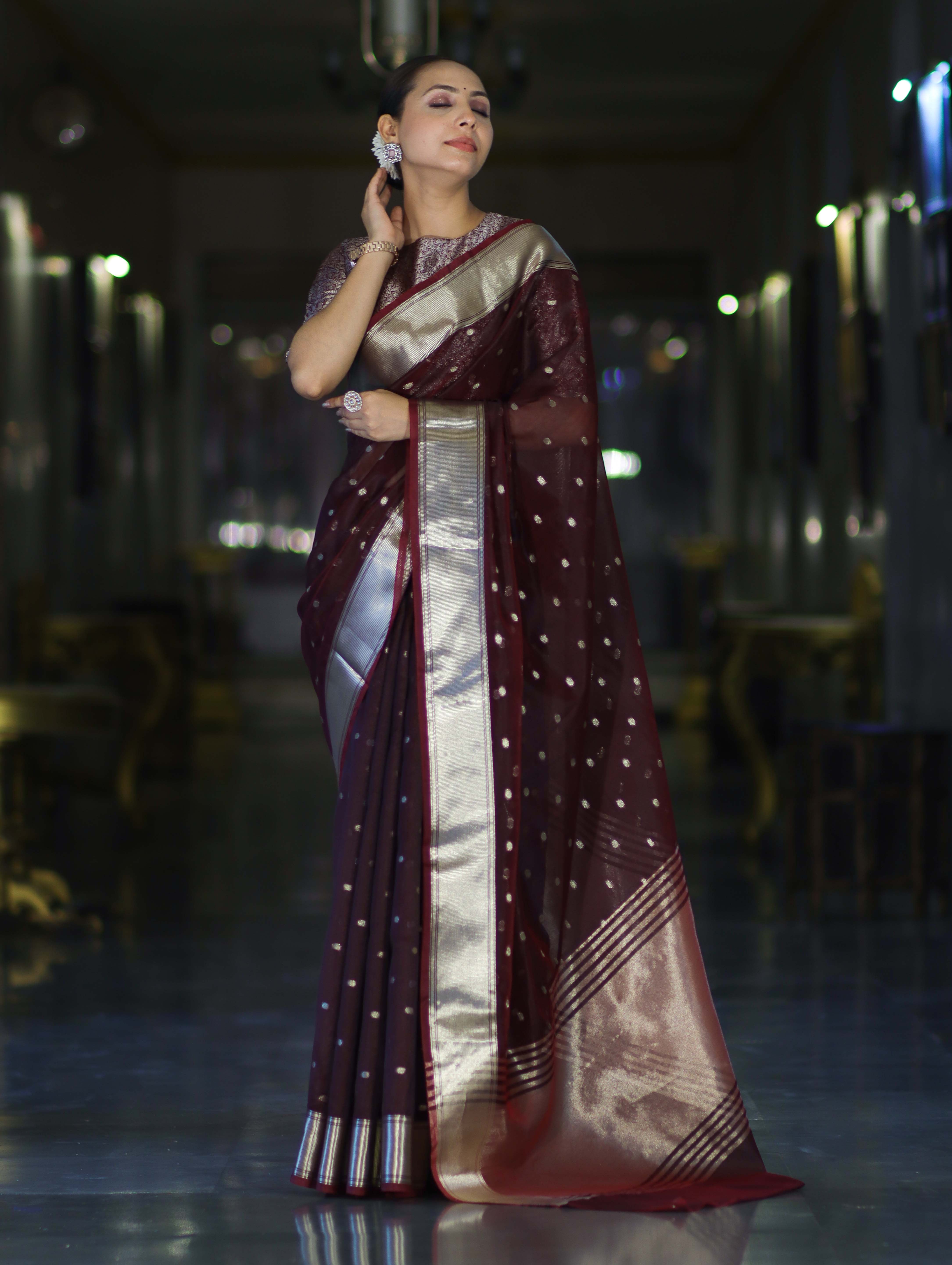 Banarasee Handloom Tissue Saree With Zari Buti Design & Border-Burgundy