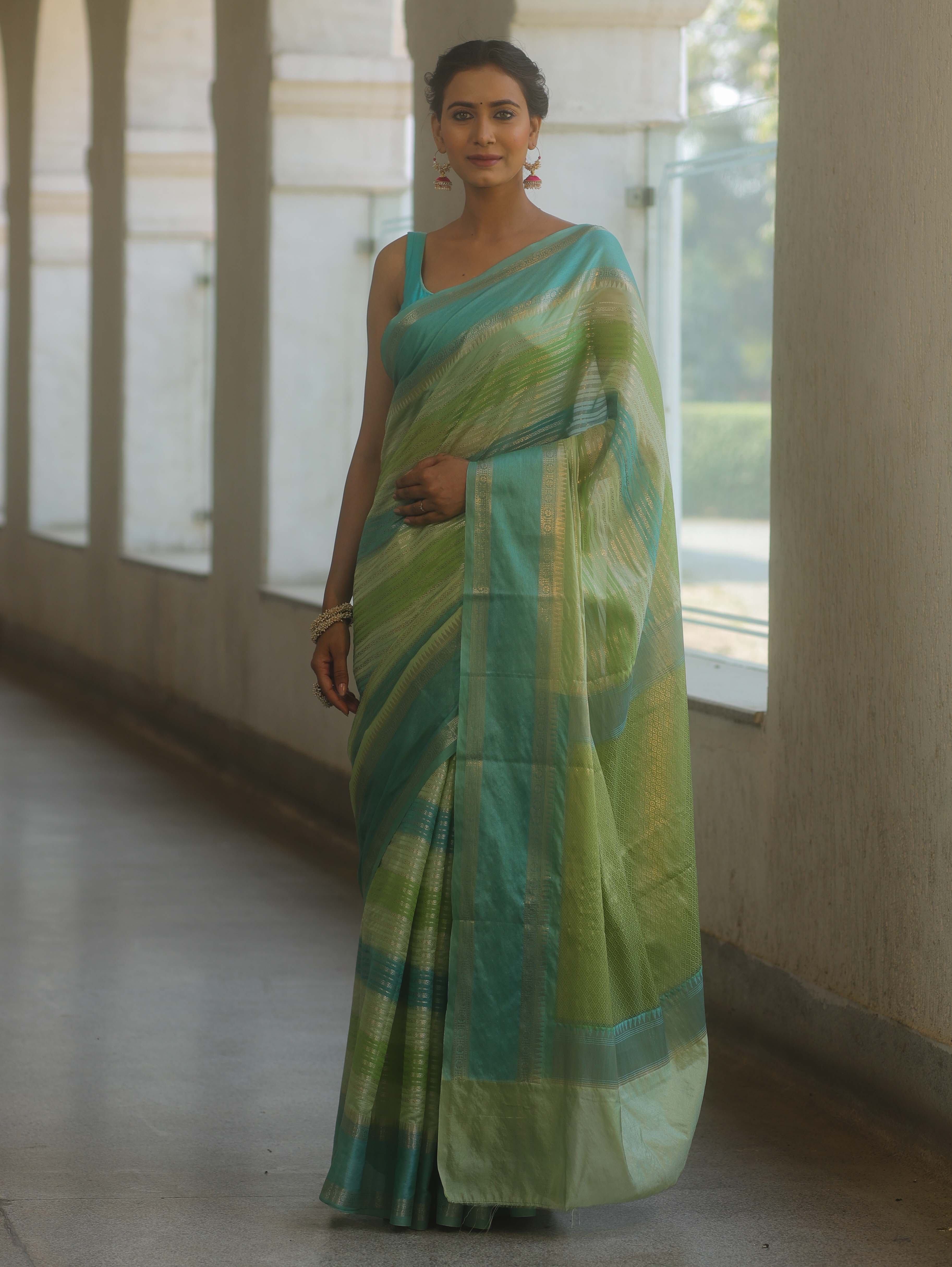 Banarasee Handwoven Semi Silk Saree With Stripes Design-Green & Blue