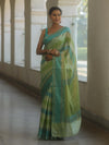 Banarasee Handwoven Semi Silk Saree With Stripes Design-Green & Blue