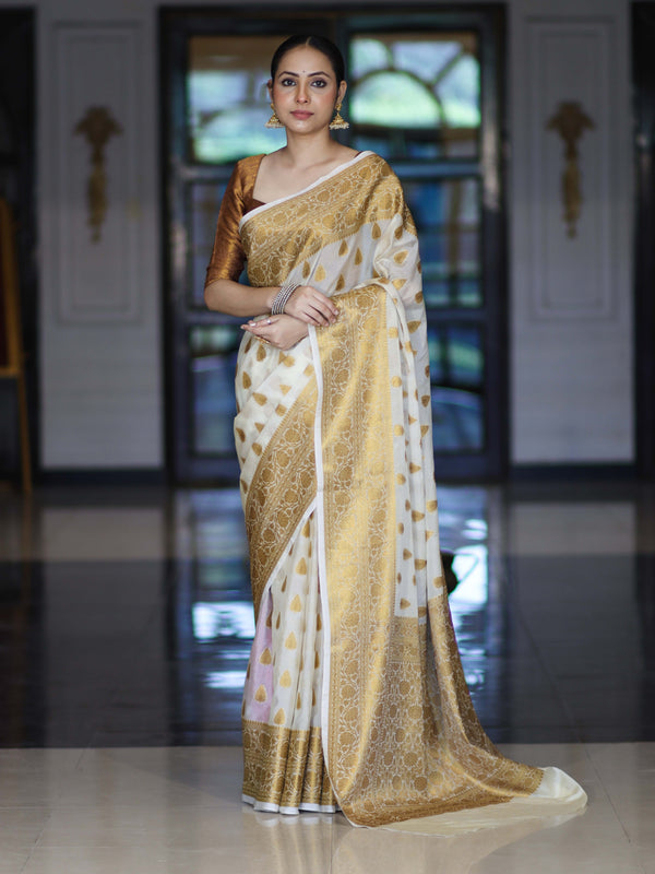 Banarasee Handloom Semi Silk Saree With Antique Zari Buta Design & Border-Cream