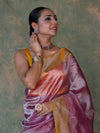 Banarasee Handwoven Crushed Tissue Saree With Mirror Work & Contrast Border-Light Pink