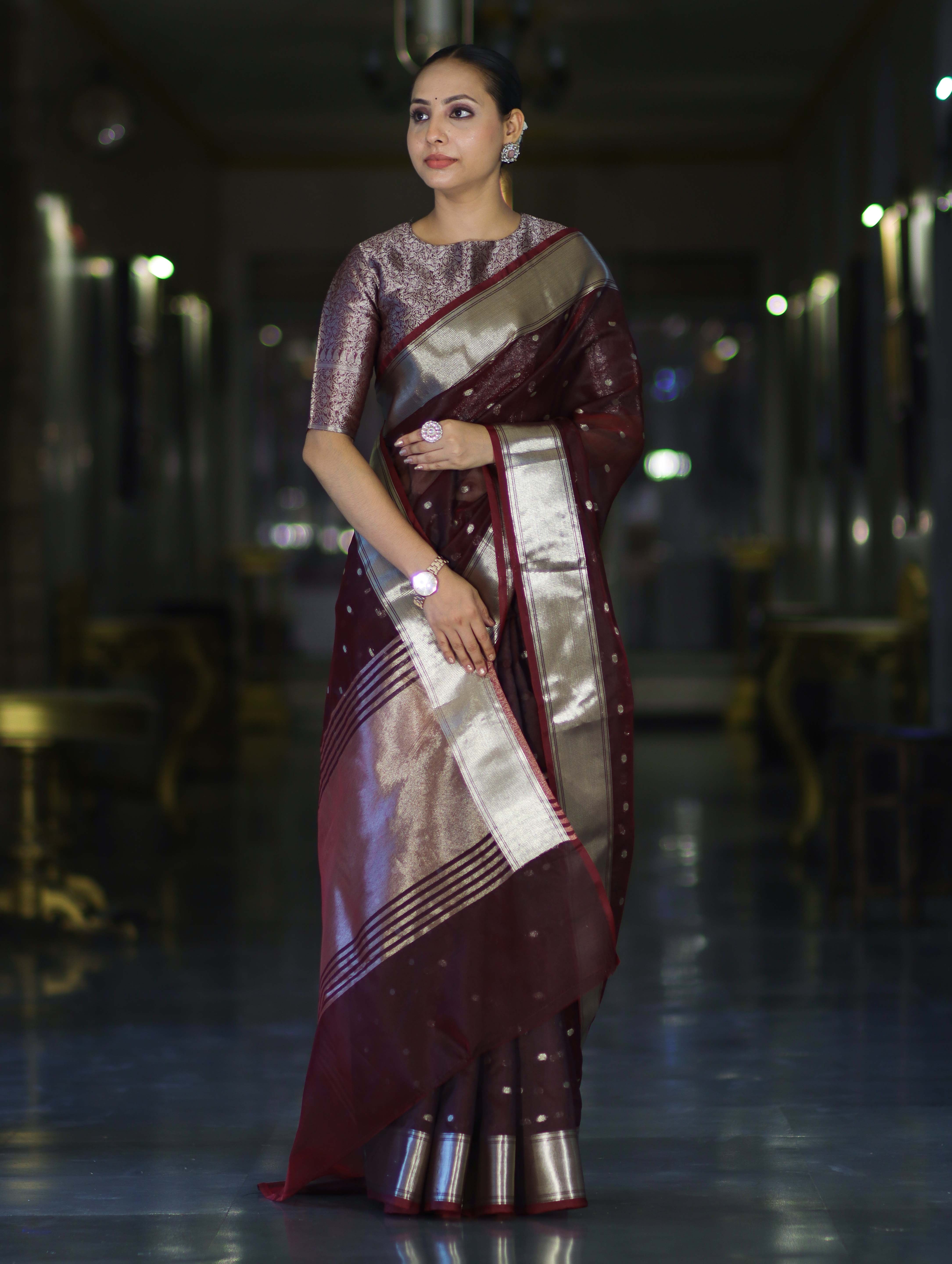 Banarasee Handloom Tissue Saree With Zari Buti Design & Border-Burgundy