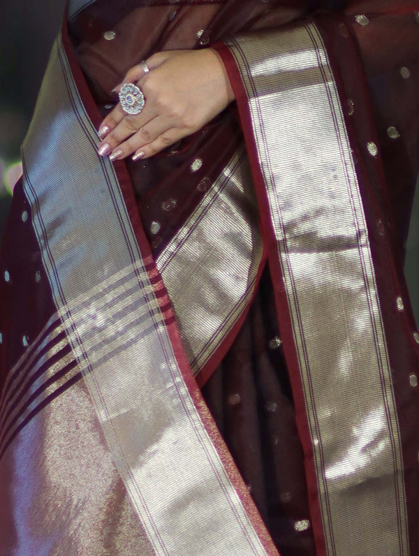 Banarasee Handloom Tissue Saree With Zari Buti Design & Border-Burgundy