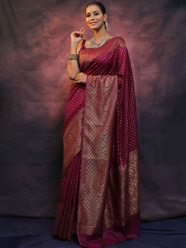 Banarasee Semi-Chiffon Saree With Antique Gold Zari Work-Magenta