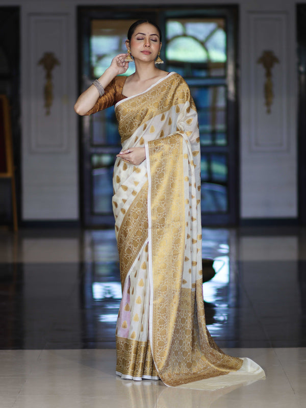 Banarasee Handloom Semi Silk Saree With Antique Zari Buta Design & Border-Cream