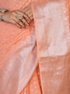 Banarasee Handloom Cotton Silk Saree With Silver Zari Buti Design & Broad Border-Peach