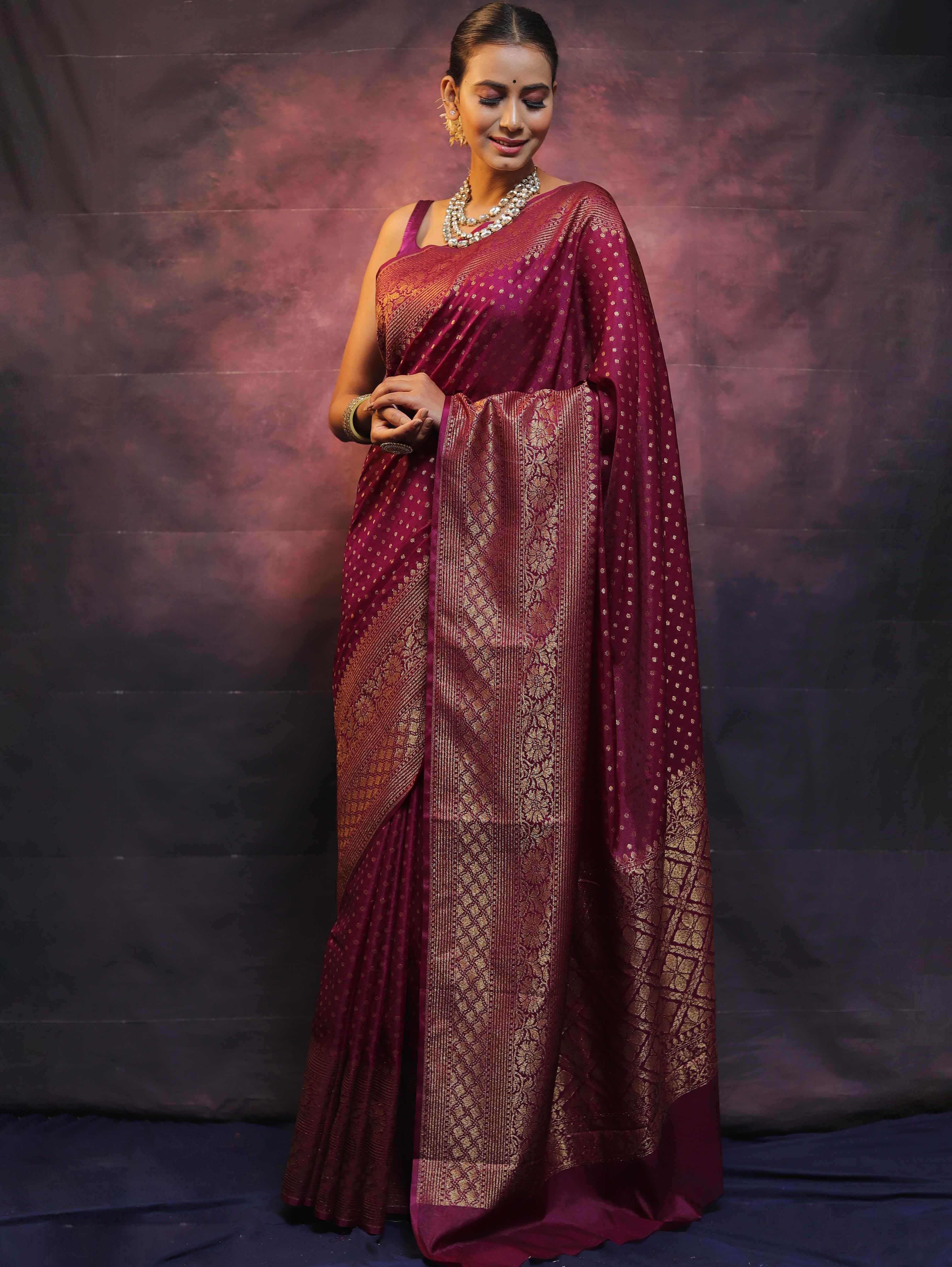 Banarasee Semi-Chiffon Saree With Antique Gold Zari Work-Magenta