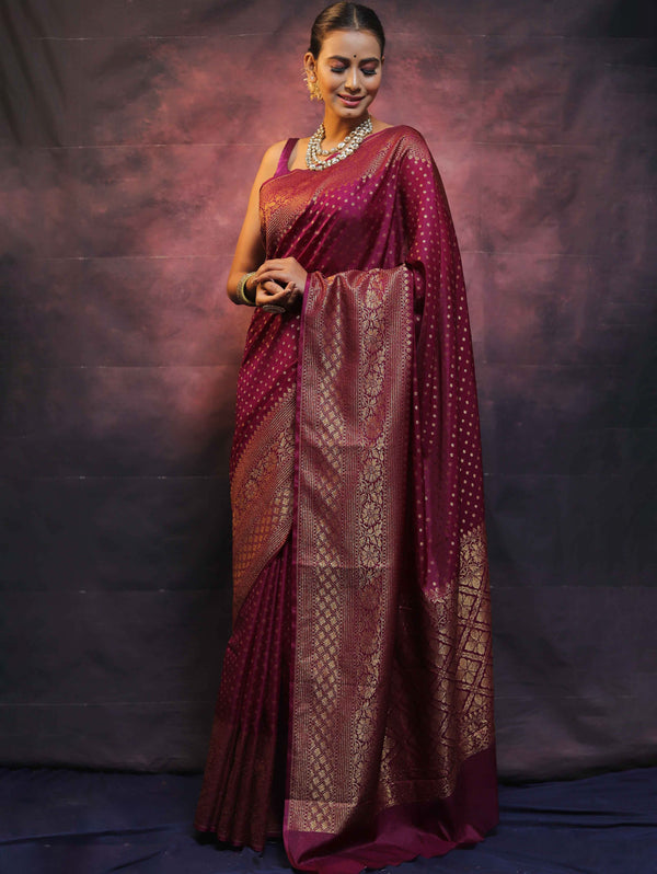 Banarasee Semi-Chiffon Saree With Antique Gold Zari Work-Magenta