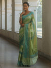 Banarasee Handwoven Semi Silk Saree With Stripes Design-Green & Blue