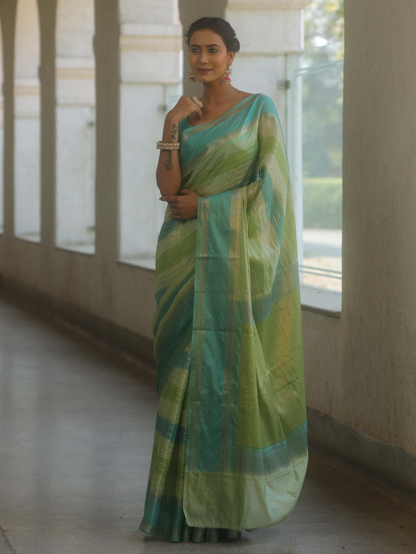 Banarasee Handwoven Semi Silk Saree With Stripes Design-Green & Blue