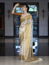 Banarasee Handloom Semi Silk Saree With Antique Zari Buta Design & Border-Cream