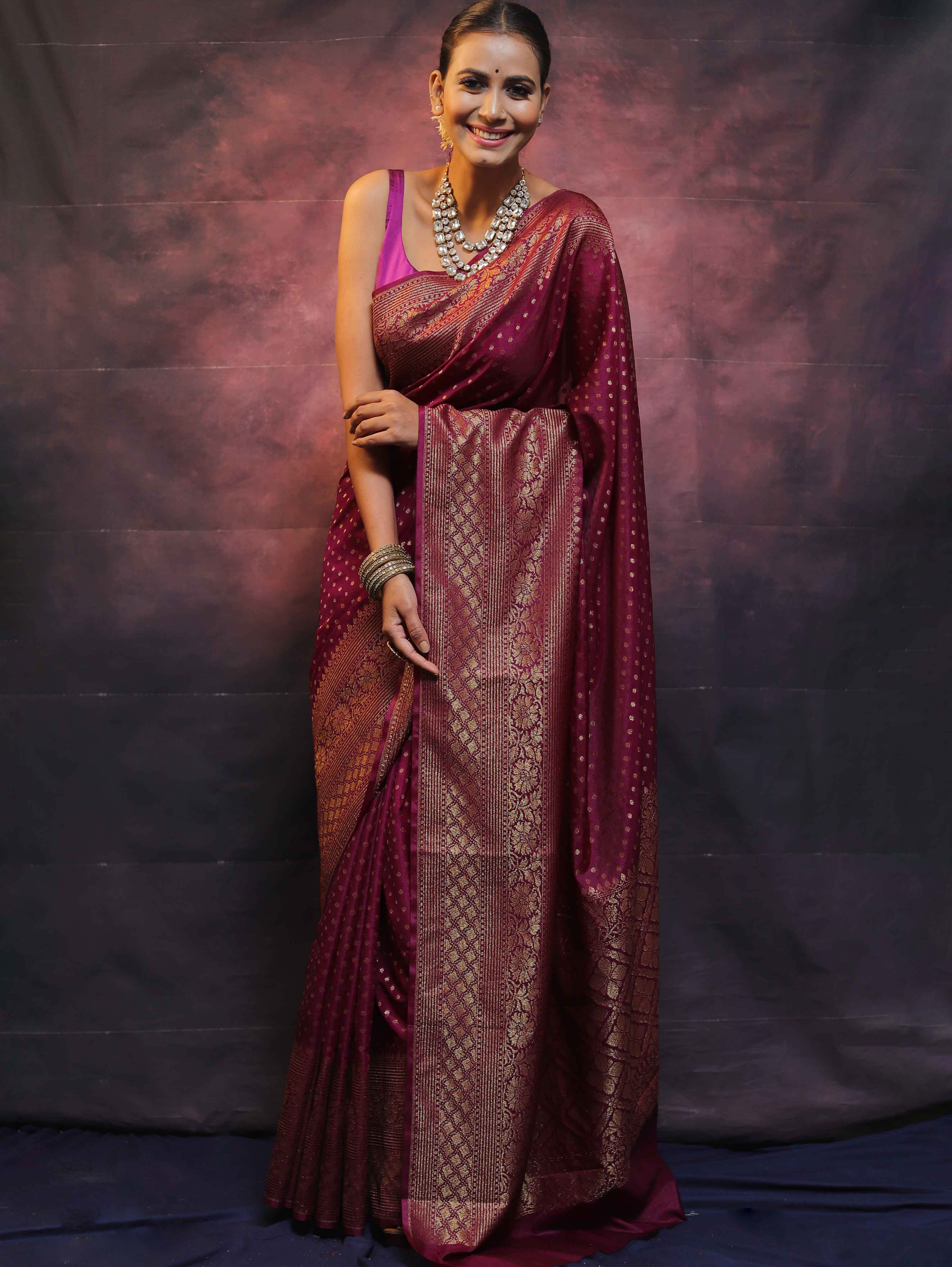 Banarasee Semi-Chiffon Saree With Antique Gold Zari Work-Magenta