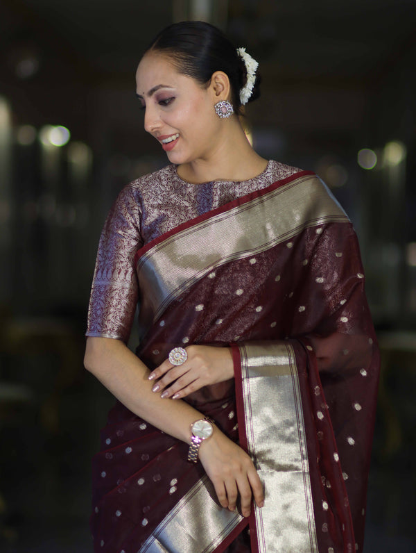 Banarasee Handloom Tissue Saree With Zari Buti Design & Border-Burgundy