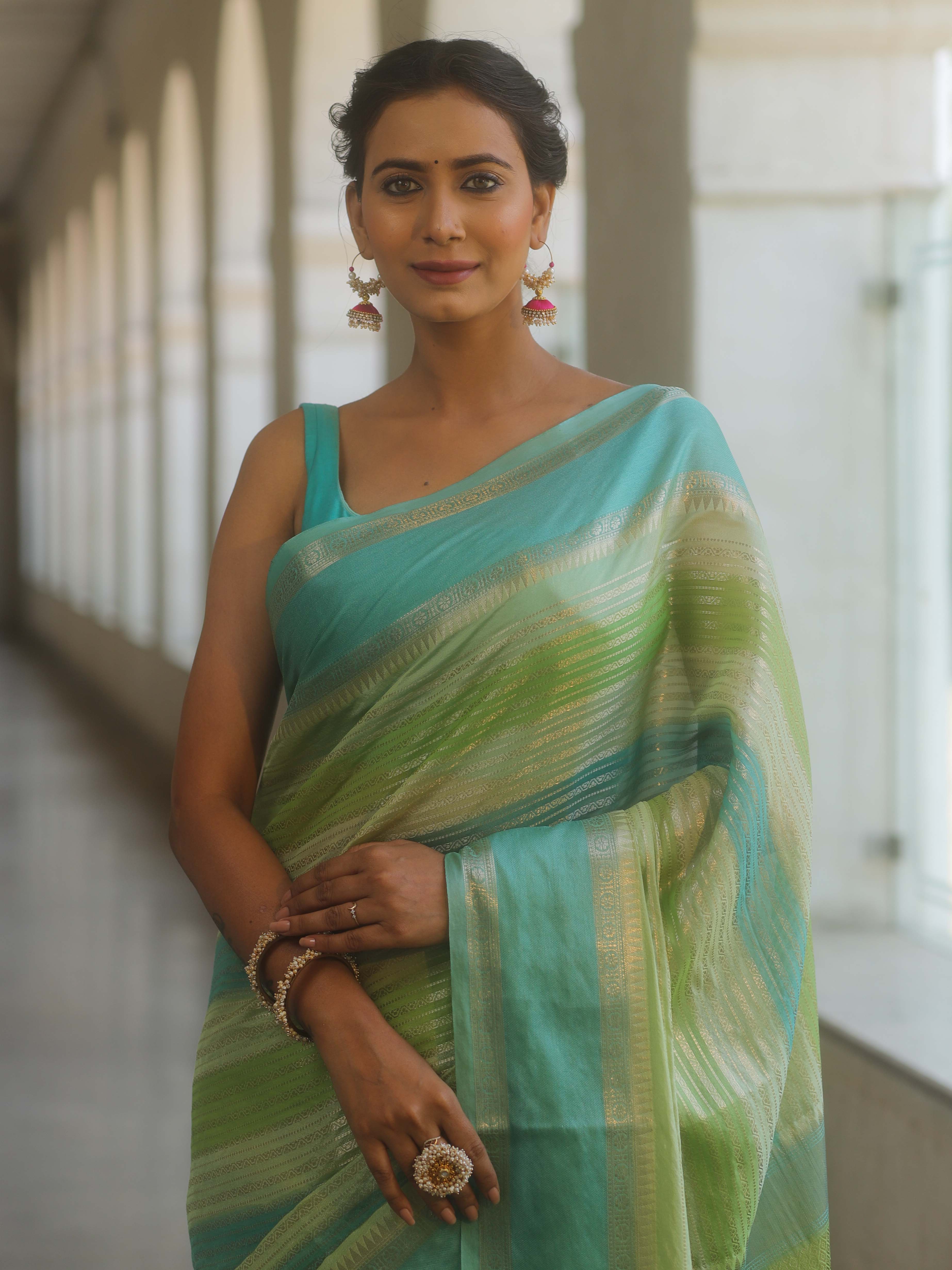 Banarasee Handwoven Semi Silk Saree With Stripes Design-Green & Blue