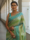 Banarasee Handwoven Semi Silk Saree With Stripes Design-Green & Blue