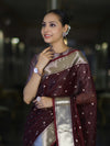 Banarasee Handloom Tissue Saree With Zari Buti Design & Border-Burgundy