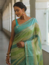 Banarasee Handwoven Semi Silk Saree With Stripes Design-Green & Blue