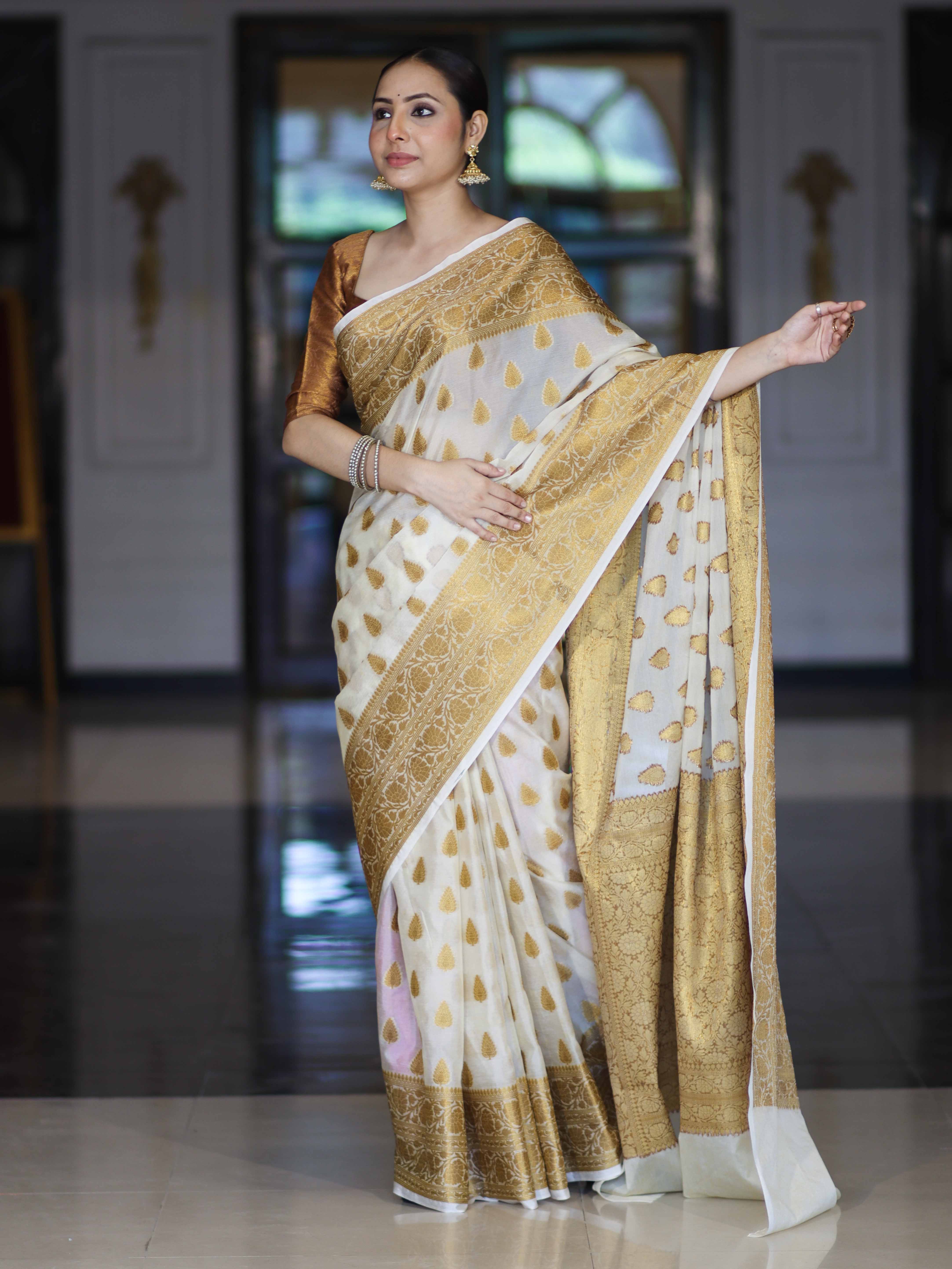 Banarasee Handloom Semi Silk Saree With Antique Zari Buta Design & Border-Cream