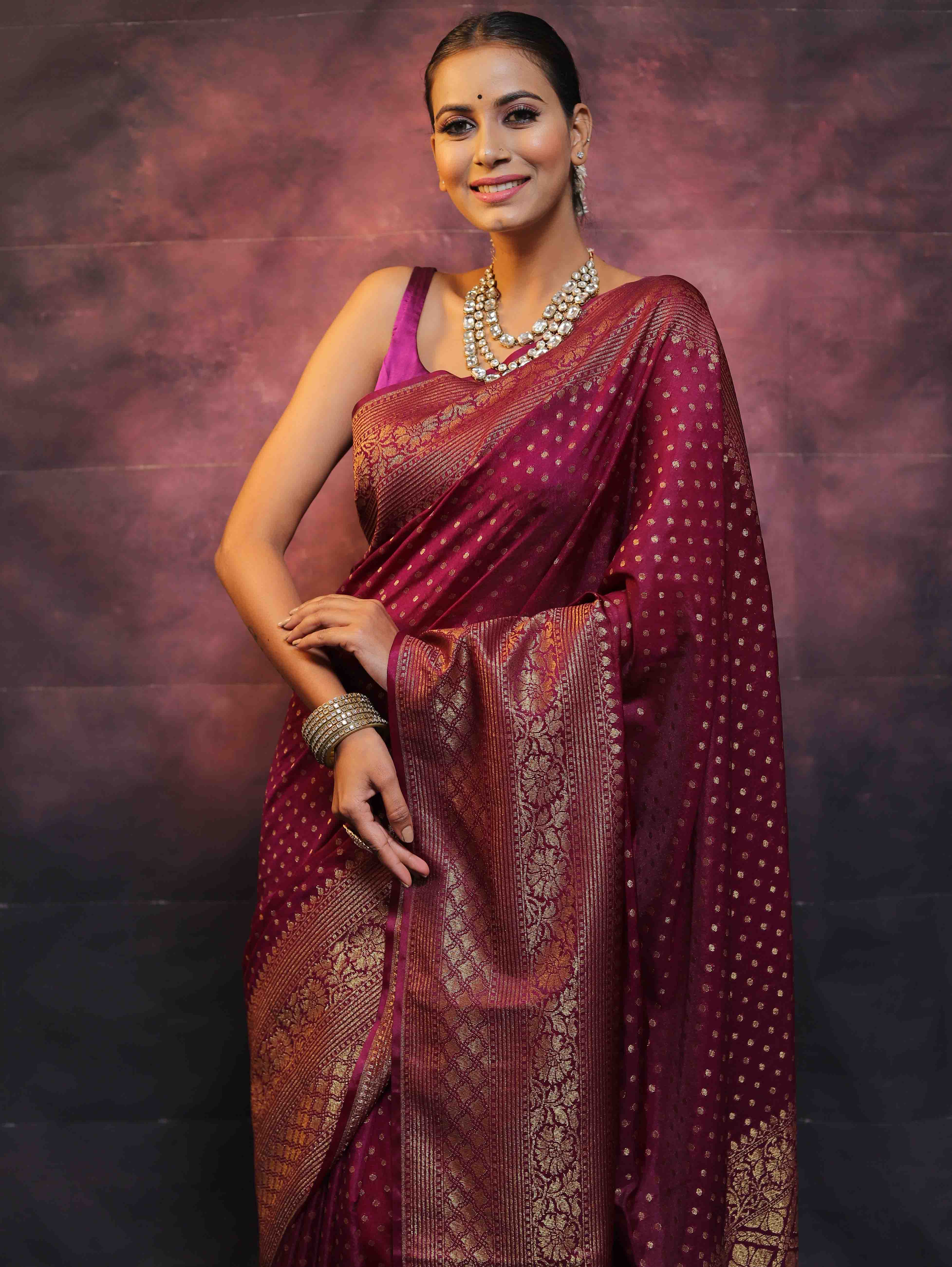 Banarasee Semi-Chiffon Saree With Antique Gold Zari Work-Magenta