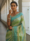 Banarasee Handwoven Semi Silk Saree With Stripes Design-Green & Blue