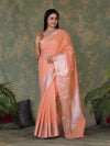 Banarasee Handloom Cotton Silk Saree With Silver Zari Buti Design & Broad Border-Peach