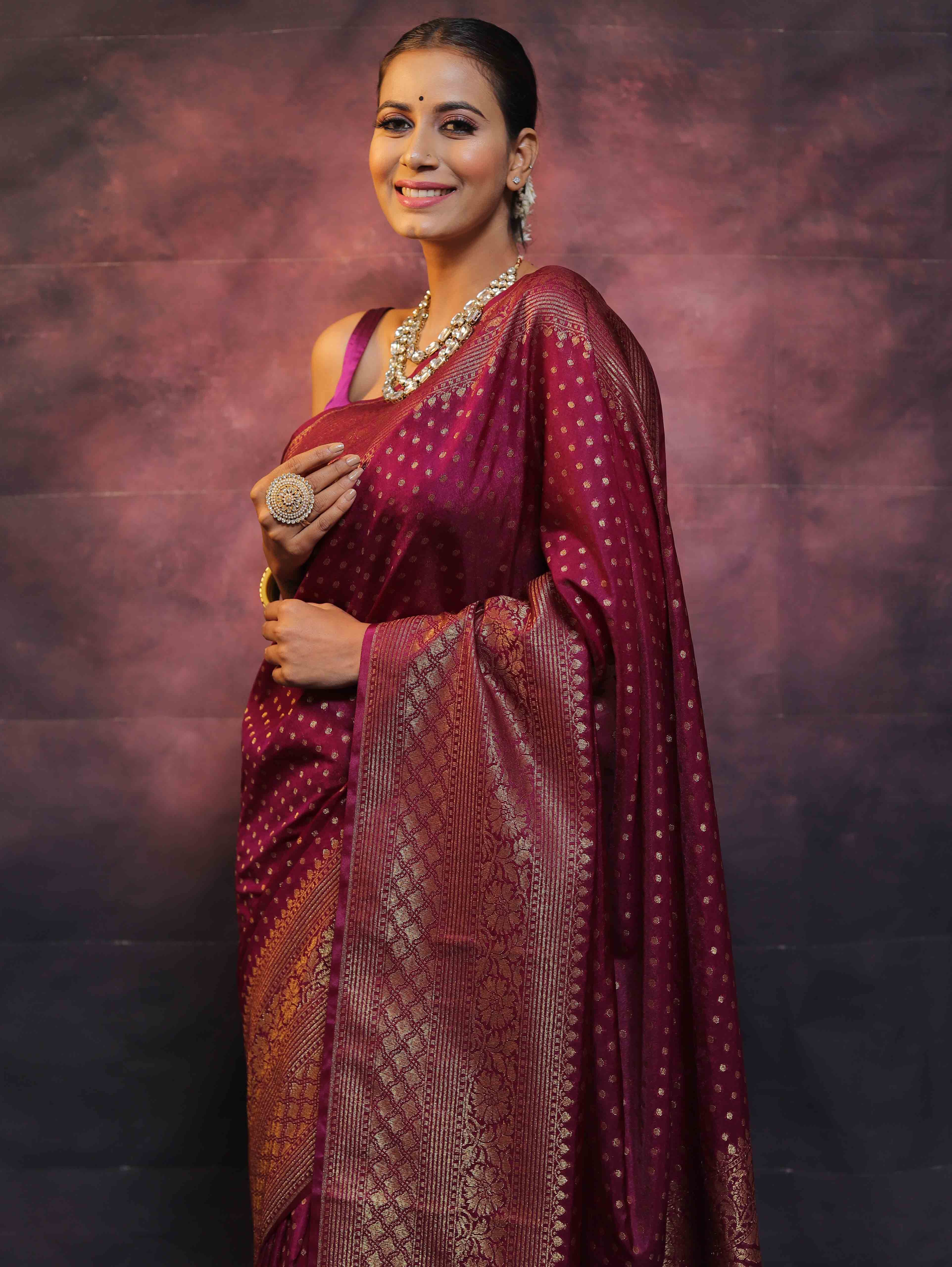 Banarasee Semi-Chiffon Saree With Antique Gold Zari Work-Magenta