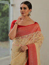 Banarasee Organza Silk Saree With Zari Motifs & Contrast Border-Beige & Red
