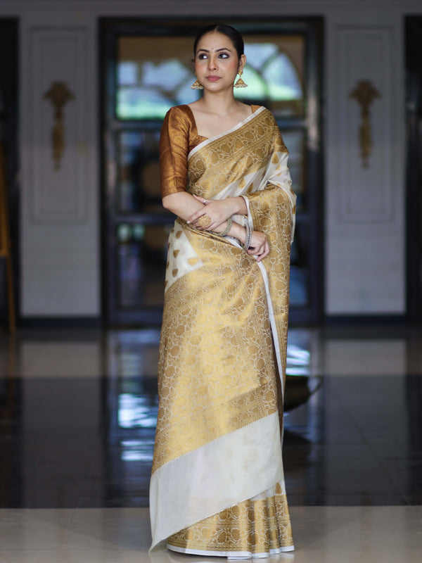 Banarasee Handloom Semi Silk Saree With Antique Zari Buta Design & Border-Cream