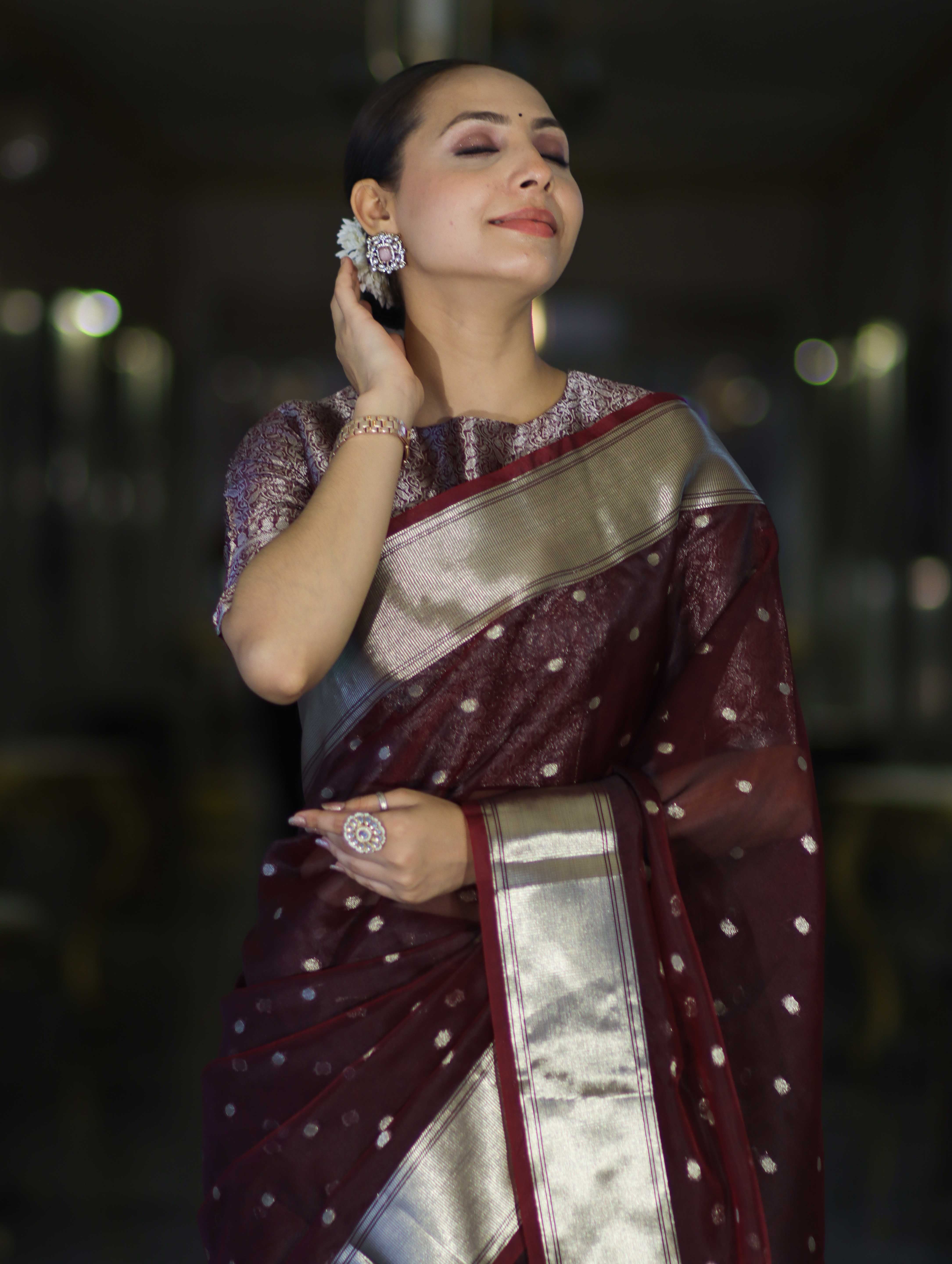 Banarasee Handloom Tissue Saree With Zari Buti Design & Border-Burgundy